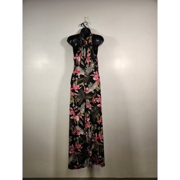 BLOOMS IN THE CITY Sleeveless Halter Maxi Dress Womens L Black Red Floral Lilies - Picture 3 of 10